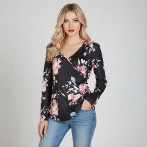 Beauhuty Medium Black Pink Floral Deep V-Neck Slim Fitted Long Sleeve Shirt